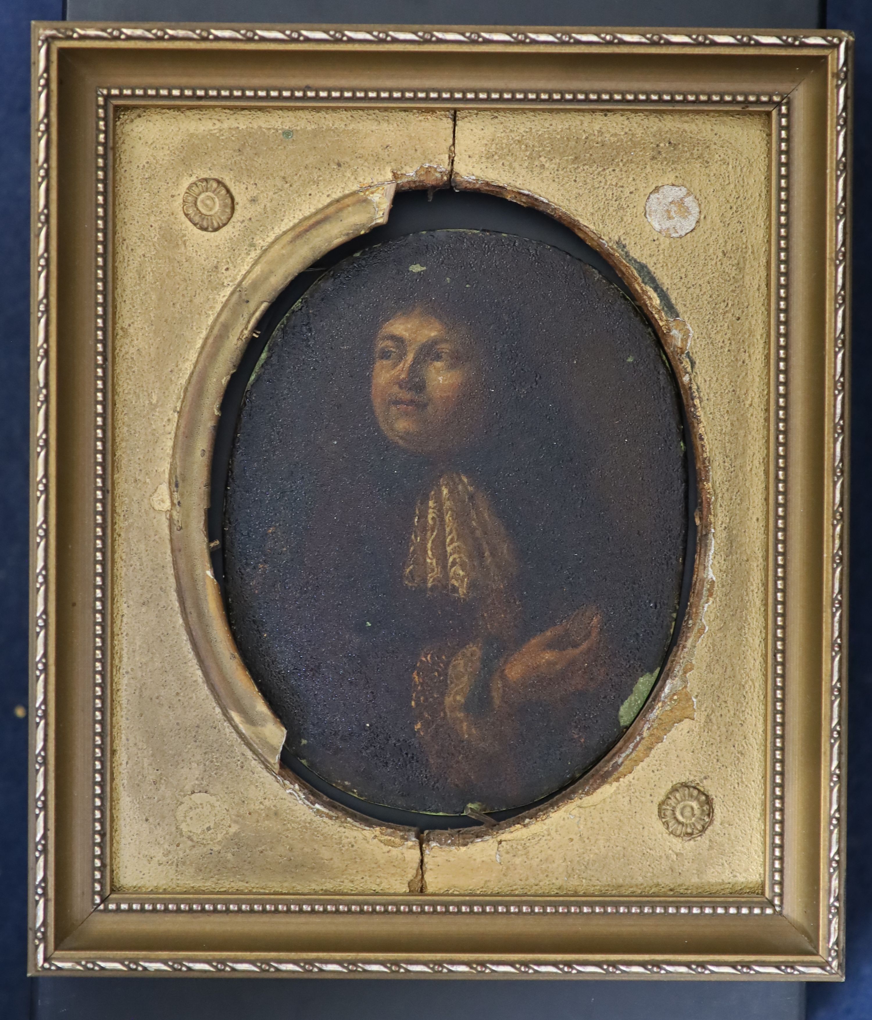 18th century English School, Portrait of a gentleman wearing a lace cravat, Oil on bronze panel, 16 x 12.5cm.